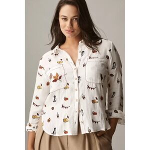 Pilcro The Tabby Embroidered‎ Icon Muslin Button Down Shirt Fall Autumn Women MD